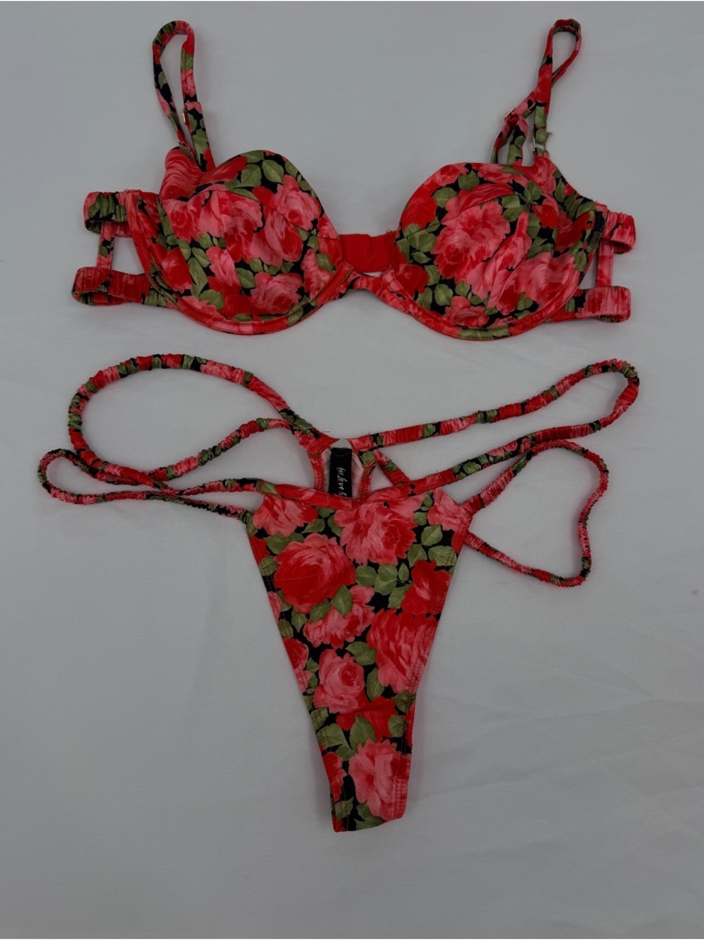 For Love & Lemons Floral Bikini Set L Top XL Bottom Strappy Red Swim - Picture 2 of 7